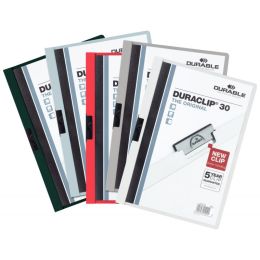 Carton de 25 chemises de présentation à clip Duraclip. Format A4. Dos 3 mm. 5 couleurs assorties : Blanc, rouge, bleu clair, gris et vert