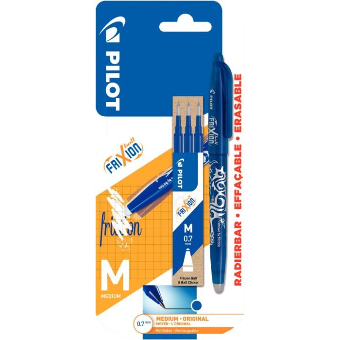 Blister de 1 roller Frixion Ball bleu et 3 recharges bleues Stylos encre effacable