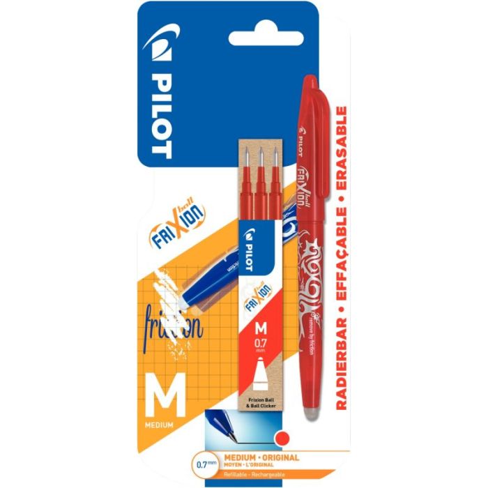 Blister de 1 roller Frixion Ball rouge et 3 recharges rouges Stylos encre effacable