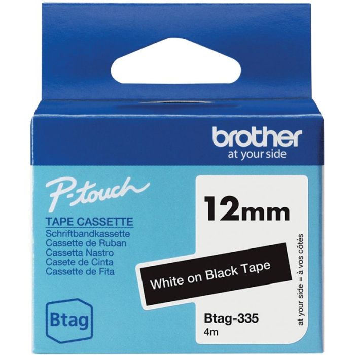 Recharge Brother BTAG blanc sur noir 12 mm Rubans titreuses brother