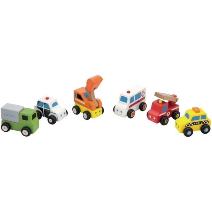 Lot 6 véhicules métiers en bois Les vehicules