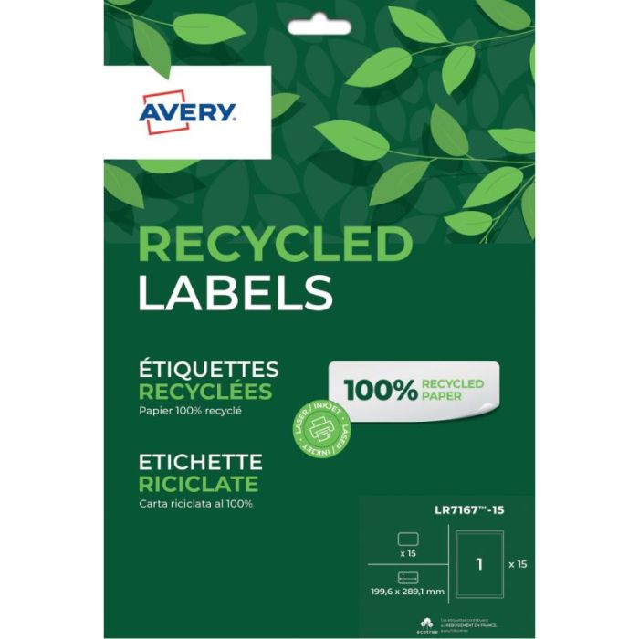 Paquet de 15 étiquettes recyclées laser et jet encre format 199.6 x 289.1 mm Etiquettes adresses multiusages