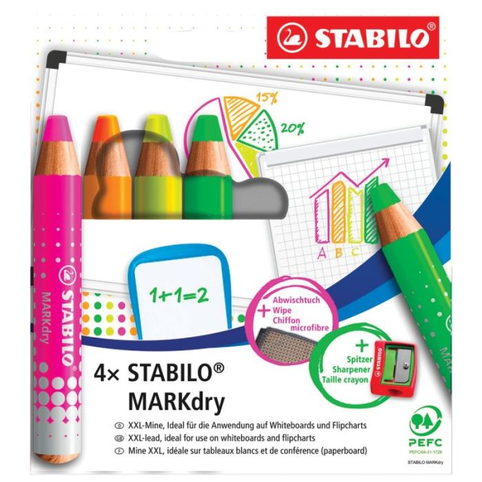 Etui de 4 crayons Markdry fluo + chiffonnette Crayons effacables a sec