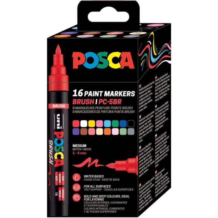Boîte de 16 marqueurs Posca pointe moyenne brush assortis Marqueurs gouache