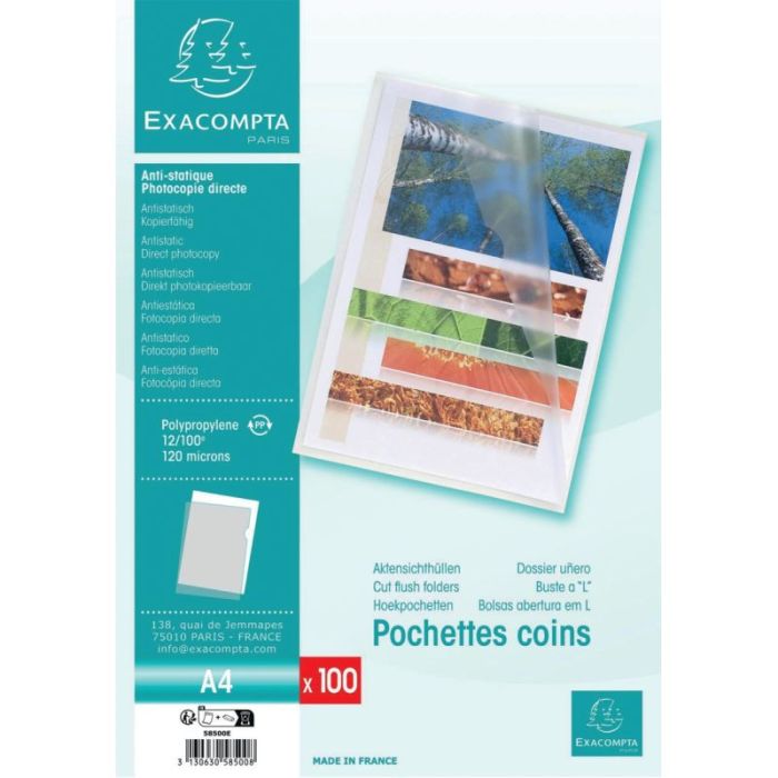Sachet de 100 pochettes coin en polypropylène 12/100 incolore Pochettes coins plastifiees incolor