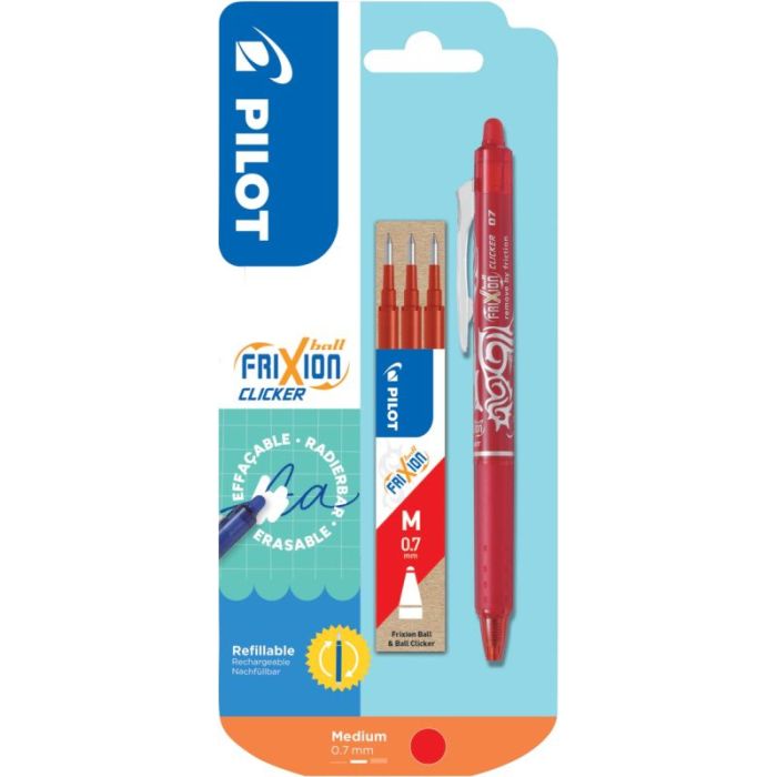 Blister de 1 roller Frixion clicker rouge + 3 recharges rouges Stylos encre effacable