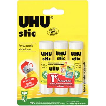 Blister de 3 bâtons de colle en stick petit modèle UHU 8,2 g