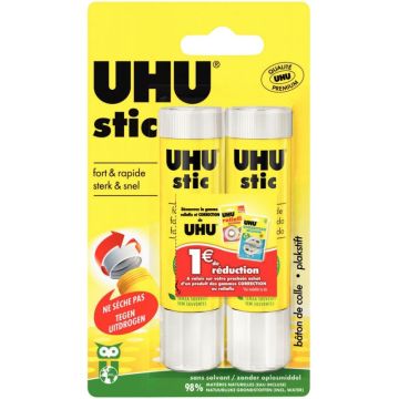 Blister de 2 bâtons de colle blanche en stick grand modèle UHU 21 g