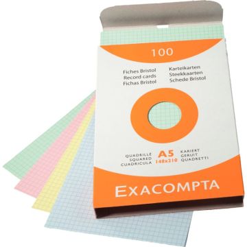 Boîte de 100 fiches bristol quadrilléss 5X5 14,8 x 21cm  Ass