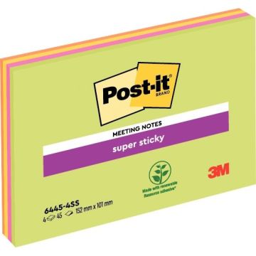 Paquet de 4 blocs de Notes Super Sticky Post-it grand format, Couleurs assorties, 101 x 152 mm, 45 feuilles par bloc