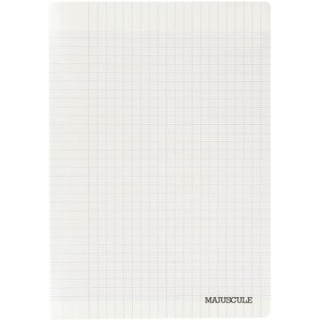 Piqûre 140 pages MAJUSCULE, format 24x32 cm, papier blanc 90g, réglure seyès, couverture en polypropylène incolore
