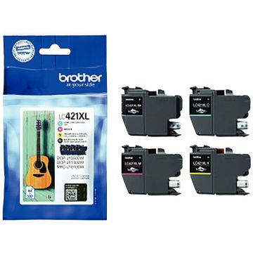 Brother GUITARE pack de 4 cartouches jet d'encre noire, cyan, magenta et jaune haute capacité authentique (LC421XLVALBP)