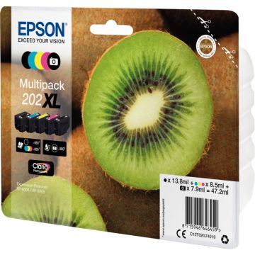 Epson KIWI / 202XL pack de de 5 cartouches jet d'encre noire, cyan, magenta et jaune + noire photo haute capacité authentique (T02G740)