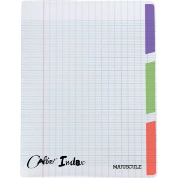 Cahier piqué 96 pages 3 index, couverture polypropylène, format 17x22 cm, seyès
