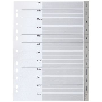 Jeu de 12 intercalaires mensuels en polypropylène gris 12/100ème, format A4