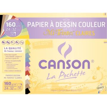 Pochette de 12 feuilles mi-teintes 160g 24x32cm couleurs claires