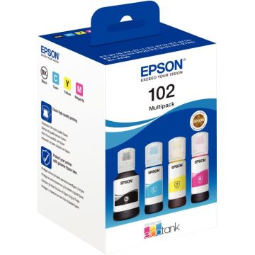 Epson 102 pack de de 4 flacons jet d'encre noire, cyan, magenta et jaune authentique (T03R640)