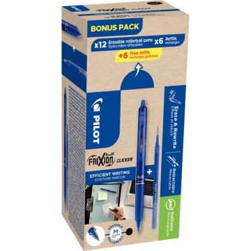 Boite de 12 rollers frixion clicker bleus + 12 recharges bleues