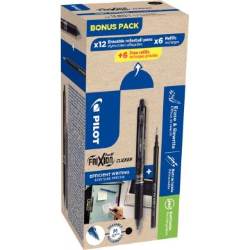 Boite de 12 rollers frixion clicker noirs + 12 recharges noires