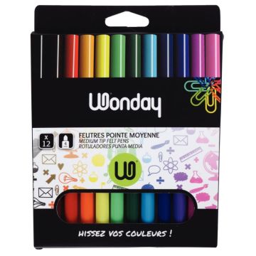 Pochette de 12 feutres Wonday pointe moyenne assortis