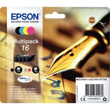 Epson STYLO PLUME / 16 pack de de 4 cartouches jet d'encre noire, cyan, magenta et jaune authentique (T162640)