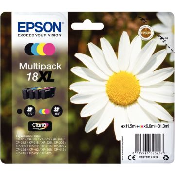 Epson PAQUERETTE / 18XL pack de de 4 cartouches jet d'encre noire, cyan, magenta et jaune haute capacité authentique (T181640)