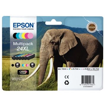 Epson ELEPHANT / 24XL pack de de 6 cartouches jet d'encre noire, cyan, magenta, jaune, cyan clair et magenta clair haute capacité authentique (T243840)