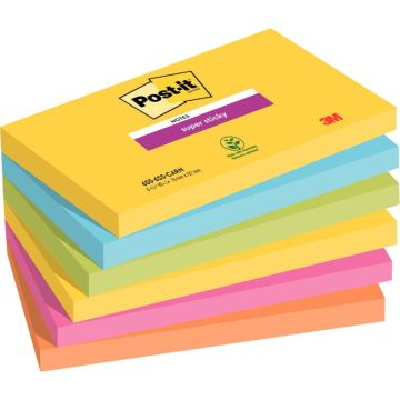 Paquet de 6 blocs de 90 feuilles Super Sticky post-it, 76 x 127 mm, couleurs CARNIVAL : jaune, turquoise, vert, rose néon et orange