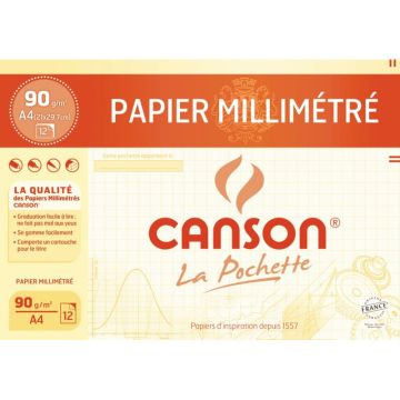 Pochette de 12 feuilles de papier millimétré 21x29,7cm 90g