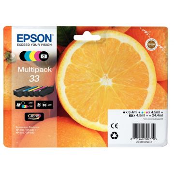 Epson ORANGE / 33 pack de de 5 cartouches jet d'encre noire, noire photo, cyan, magenta et jaune authentique (T333740)