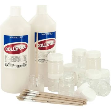 Lot de 2 flacons 1L de colle gel extra forte + 12 pots 50ml vides + 20 pinceaux