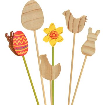 Lot de 12 piques assortis en bois pour Pâques