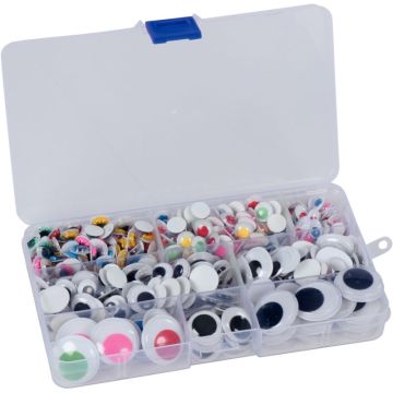Boîte de 500 yeux adhésifs, tailles et couleurs assorties