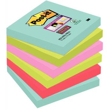Paquet de 6 blocs de 90 feuilles Super Sticky post-it, 76 x 76 mm, couleurs Miami : bleu océan, vert néon, rose néon et coquelicot