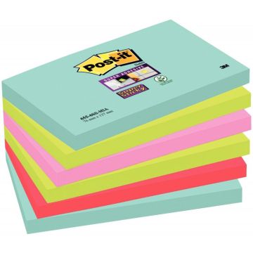 Paquet de 6 blocs de 90 feuilles Super Sticky post-it, 76 x 127 mm, couleurs Miami  : bleu océan, vert néon, rose néon et coquelicot