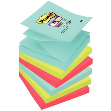 Lot de 6 blocs de 90 feuilles Z-Notes Super Sticky post-it, 76x76 mm, couleurs Miami : bleu océan, vert néon et coquelicot