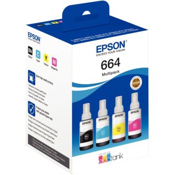 Epson 664 pack de de 4 flacons jet d'encre noire, cyan, magenta et jaune authentique (T664640)