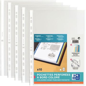 Sachet de 10 pochettes perforées en polypropylène 9/100ème + bords coloris blanc