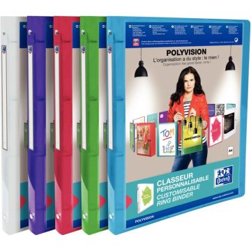 Classeur gamme transparence POLYVISION personnalisable dos 20 mm 4 anneaux ronds diamètre 15 mm format 21x29,7 cm 5 couleurs assorties : bleu incolore rose vert et violet
