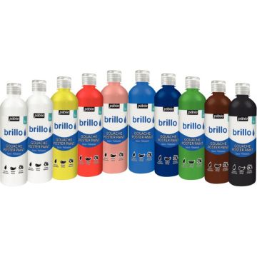 Assortiment de 10 Flacons de 500 ml de gouache brillante BRILLO (9 + 1 Flacon offert)