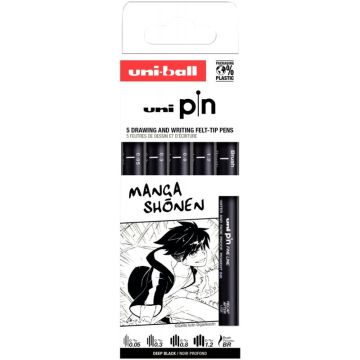 Pochette 5 feutres Manga pointes assorties brush noirs