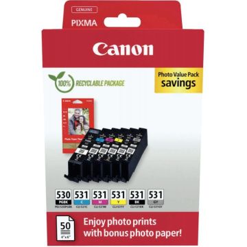 Canon 530/531 lot 6 cartouches encre noir photo, noir, cyan, magenta, jaune et grise authentique