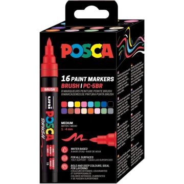 Boîte de 16 marqueurs Posca pointe moyenne brush assortis