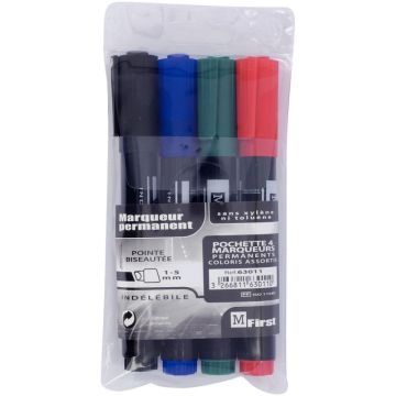 Pochette de 4 marqueurs permanents MFirst pointe biseautée assortis