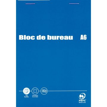 Bloc de bureau 100 feuilles, quadrillé 5x5, format A6, papier 60g