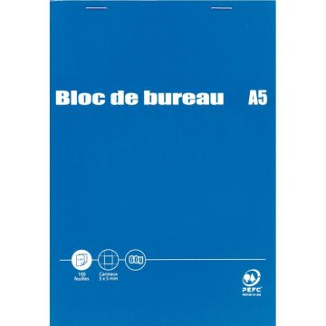 Bloc de bureau 100 feuilles, quadrillé 5x5, format A5, papier 60g