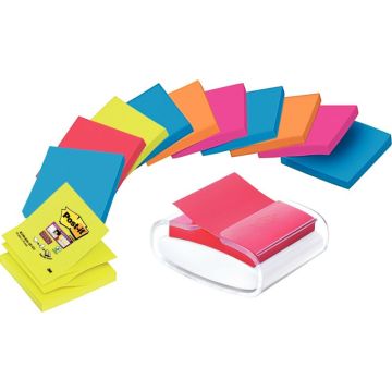 Lot de 12 blocs de 90 feuilles z-notes post-it super sticky repositionnables 76 x 76 mm couleurs assorties + dévidoir pro blanc offert