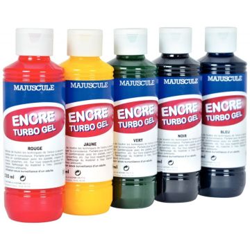 Boîte de 5 Flacons de 250 ml encre à dessiner turbo gel assortis + 12 tampons mousse offerts
