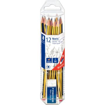 Boîte de 12 crayons graphite Staedtler Noris 120 HB avec 1 mini gomme offert