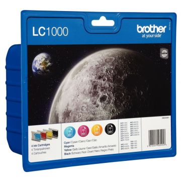 Brother LUNE pack de 4 cartouches jet d'encre noire, cyan, magenta et jaune authentique (LC1000VALBP)